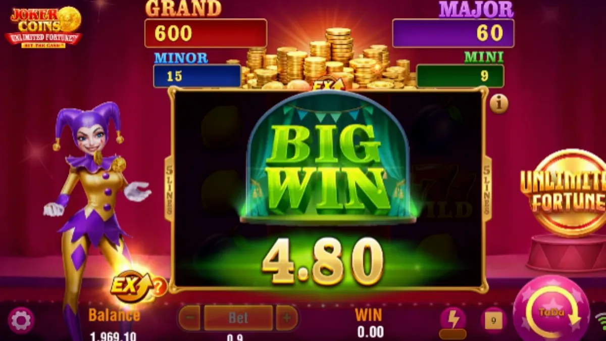 Joker Coins Unlimited Fortune slot machine interface with neon fruit symbols and joker character